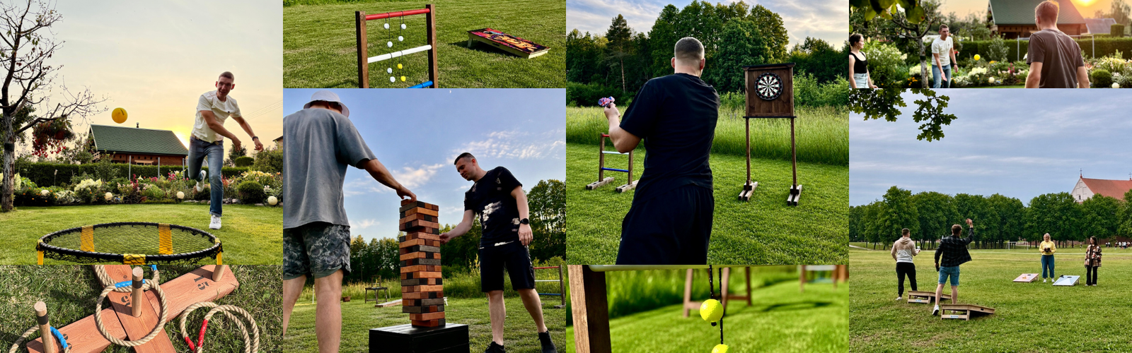 Lauko žaidimų nuoma – žmonės žaidžia cornhole, XXL Jenga ir kitus lauko žaidimus per šventę lauke